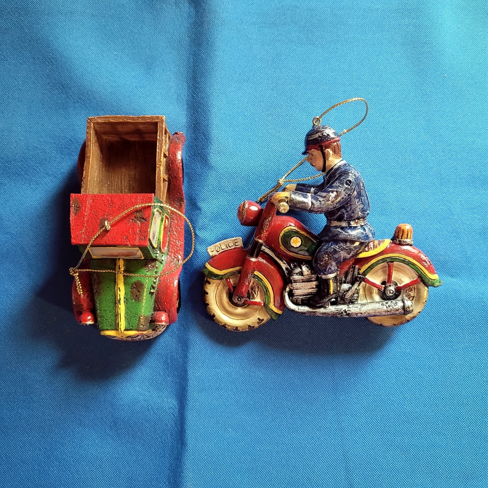 Vintage Red and Green Police Motorcycle Ornament Set